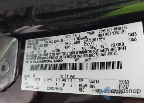 2013 Ford Escape Se из США, поврежденный, VIN 1FMCU9G96DUC18660